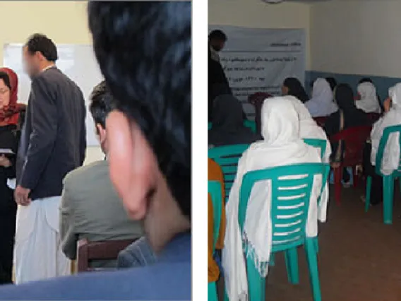 two images of rooms with many people seated and a woman speaking