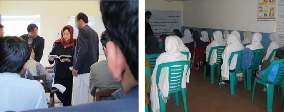 two images of rooms with many people seated and a woman speaking