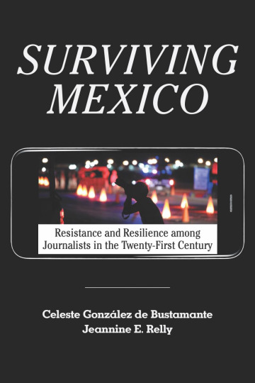 book cover of "Surviving Mexico" with text and an image of a backlit photographer outdoors at night