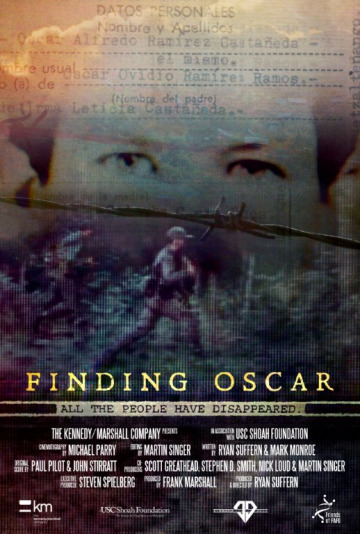 film poster for 'Finding Oscar'; image of a boy overlaid by wire fencing and military men running in a forest
